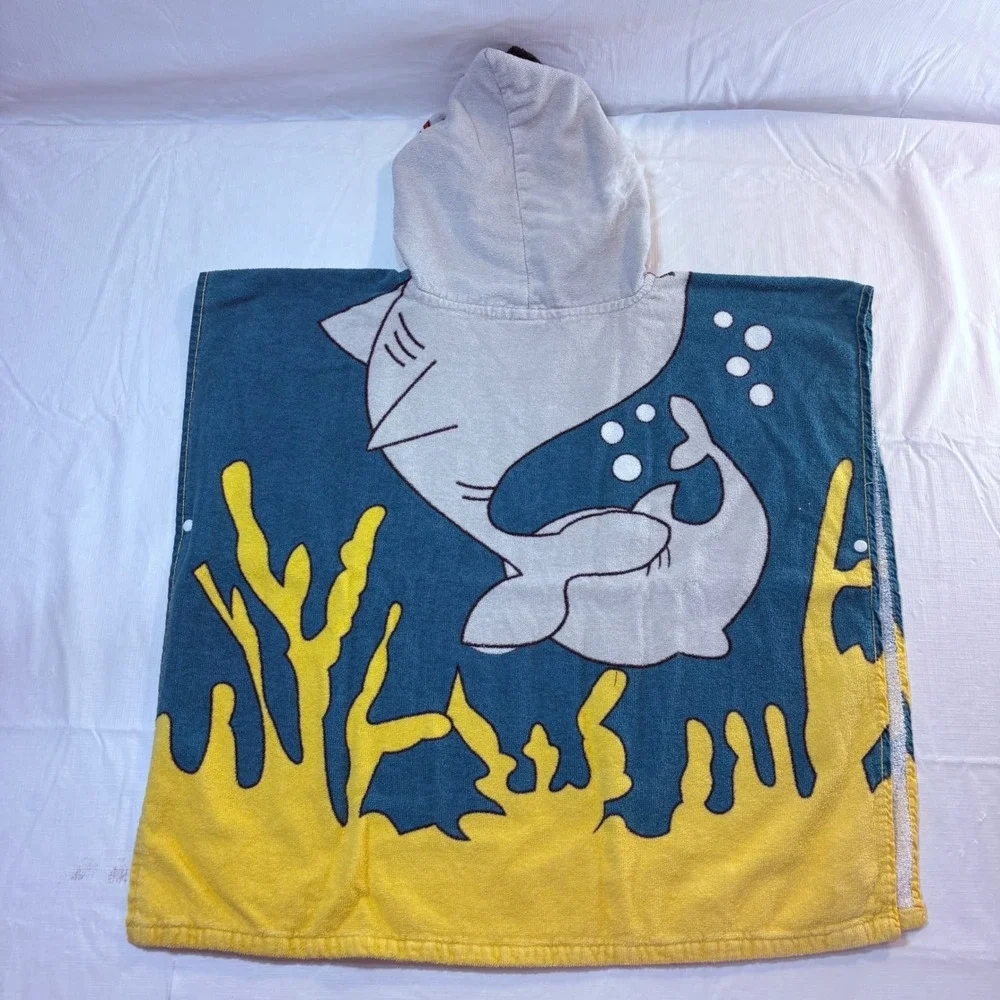 Huntington Home Kids Shark Hooded Towel Poncho Blue Yellow Cotton Wrap 5169